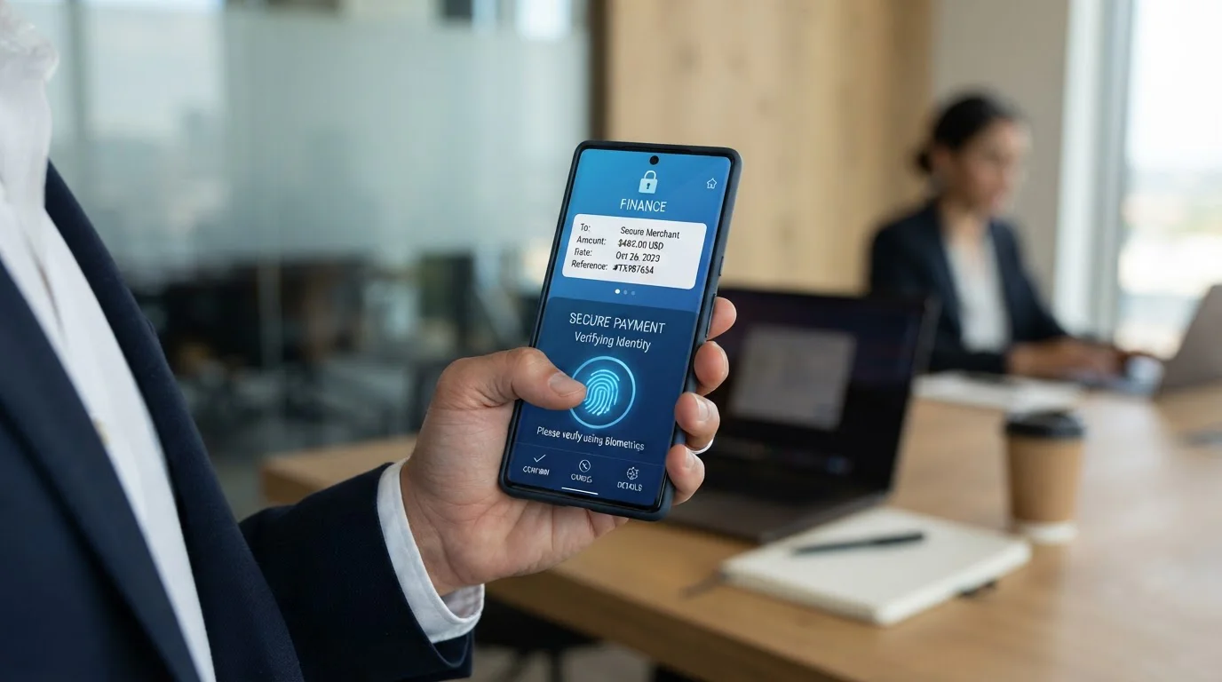 Smartphone displaying banking app with biometric authentication for secure payment