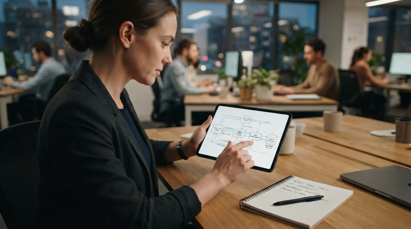 Person reviewing technical diagram showing data flow between bank and casino systems