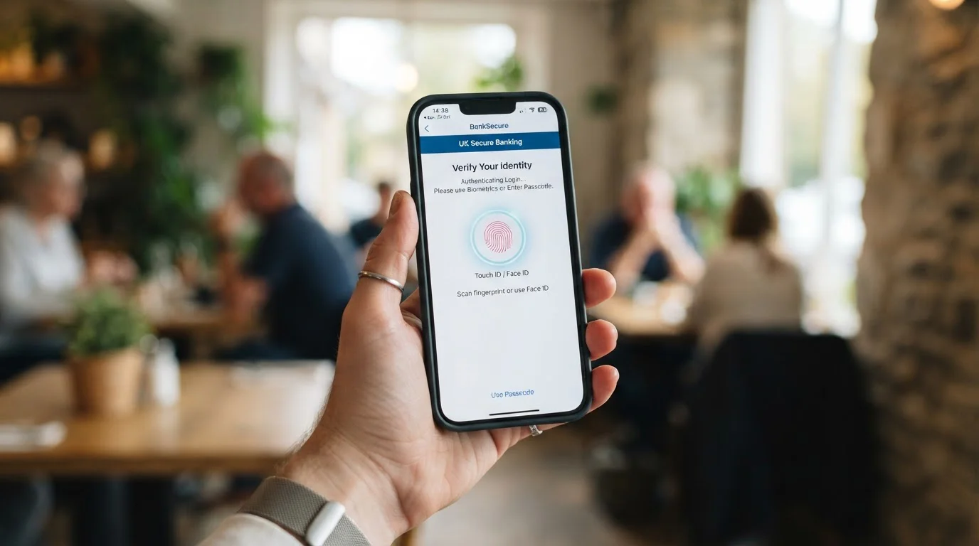 Mobile phone showing Open Banking authentication screen with UK bank login