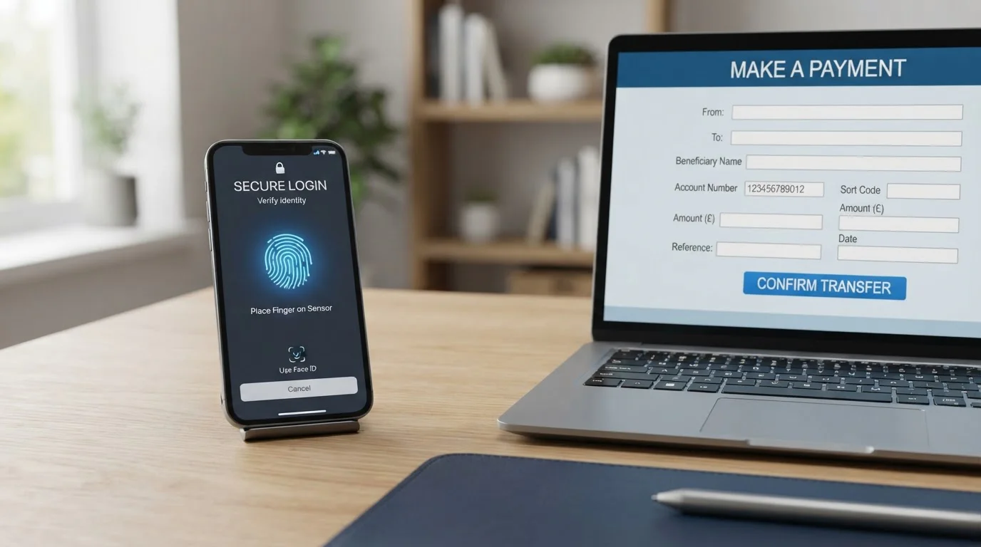 Smartphone displaying Open Banking authentication screen next to laptop showing traditional transfer form