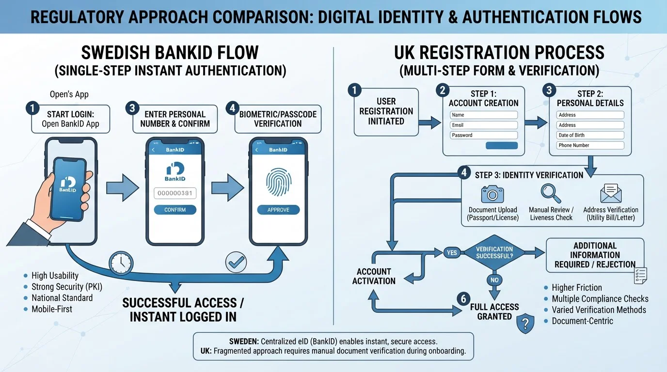 Split-screen comparison showing Swedish BankID instant flow vs UK registration form flow