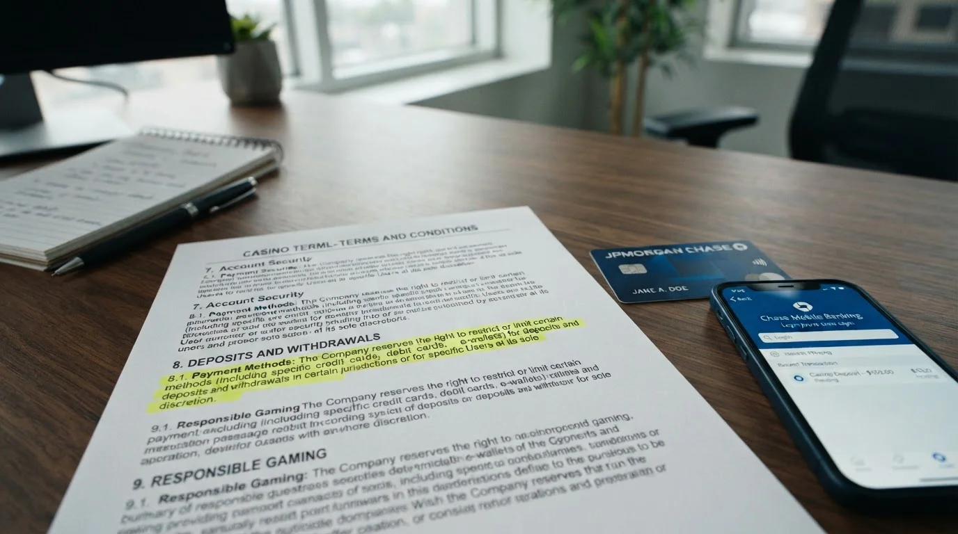 Close-up of casino terms document highlighting payment method restrictions
