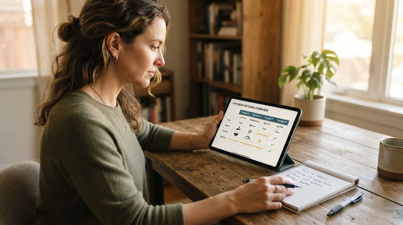 Person comparing UK casino payment methods on a tablet with a ratings chart and handwritten notes