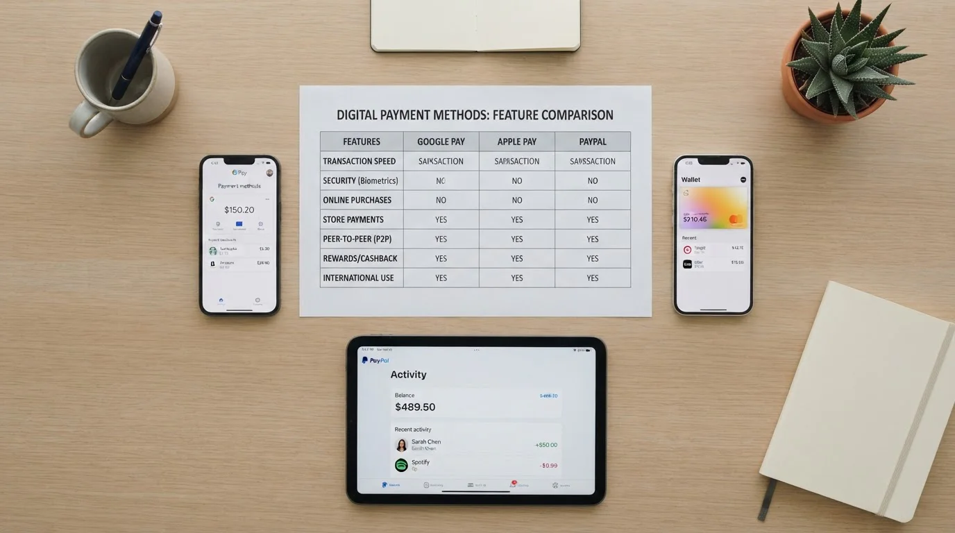 Payment methods comparison table showing Google Pay versus PayPal and Apple Pay features