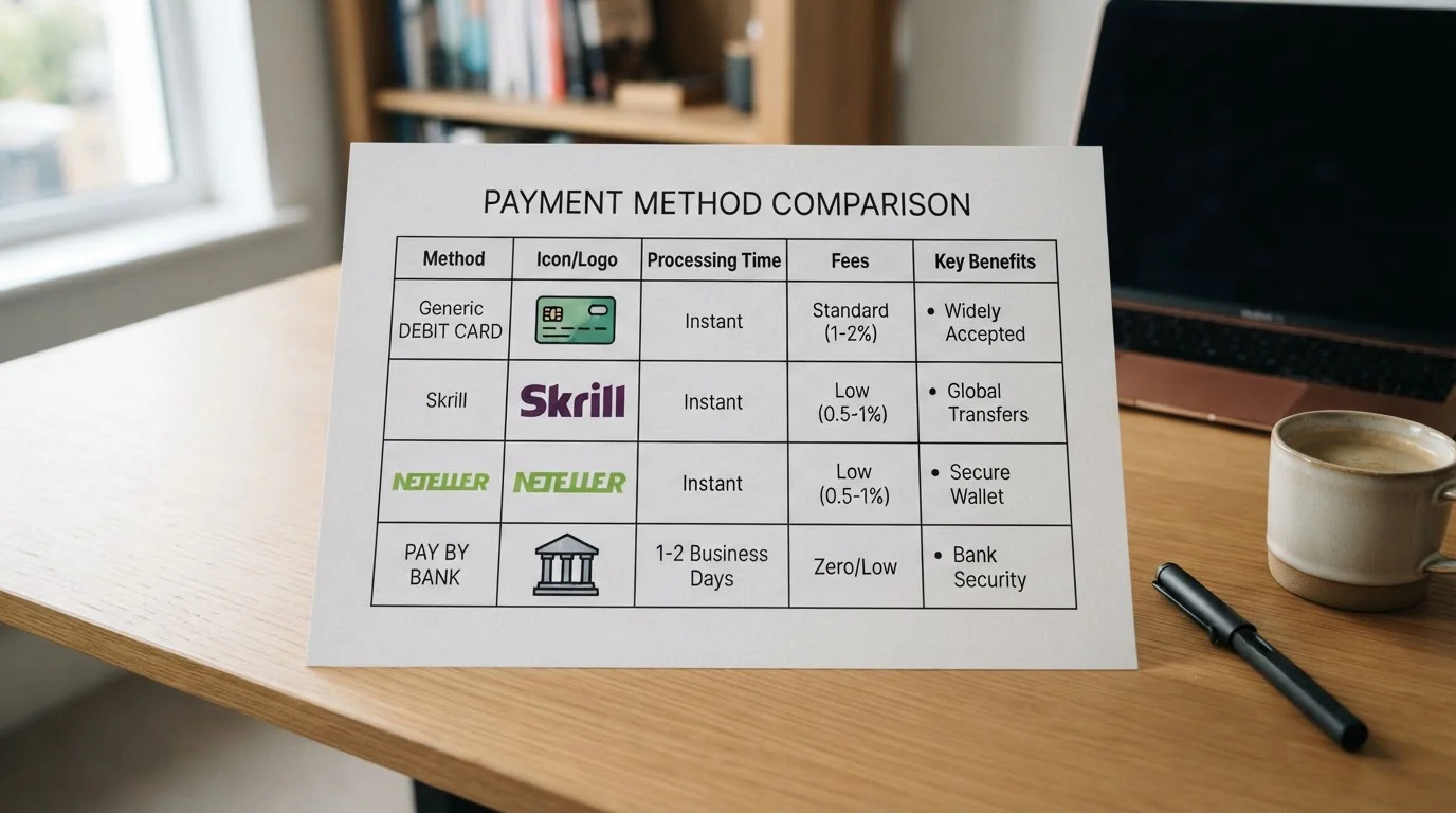 Payment method comparison grid showing debit cards Skrill Neteller and Pay by Bank logos