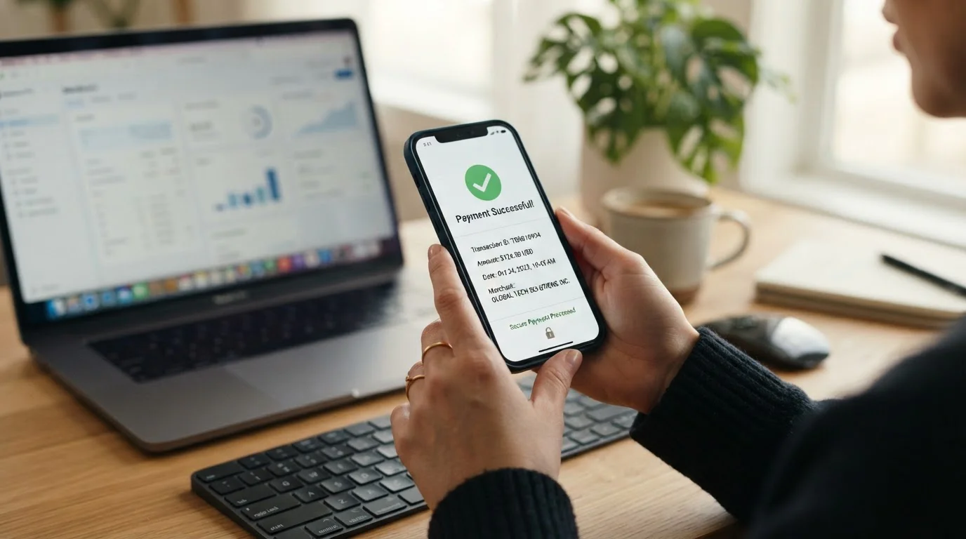 Hands holding smartphone showing secure payment confirmation screen