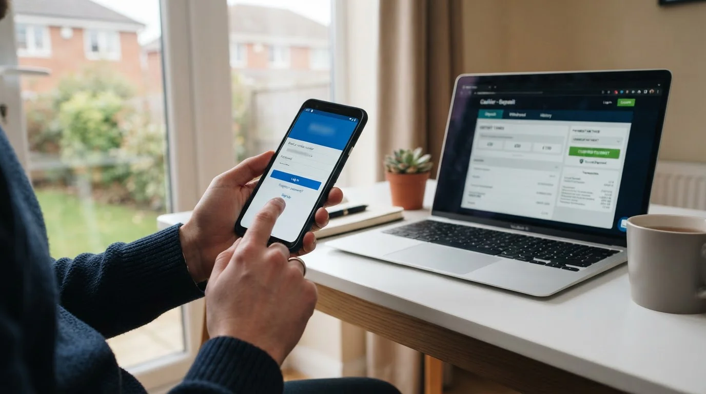 Smartphone showing PayPal login screen with UK casino cashier interface on laptop in background