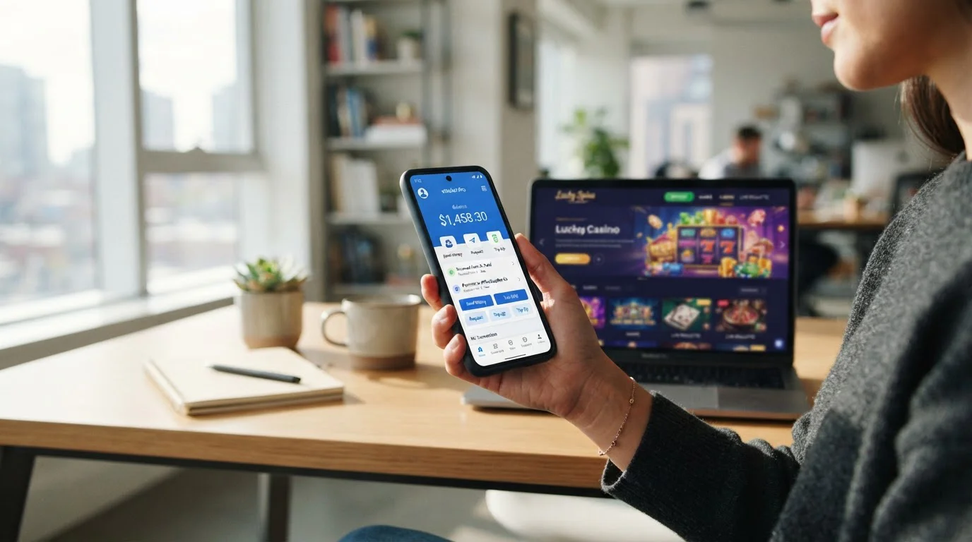 PayPal app on mobile phone with casino cashier interface in background