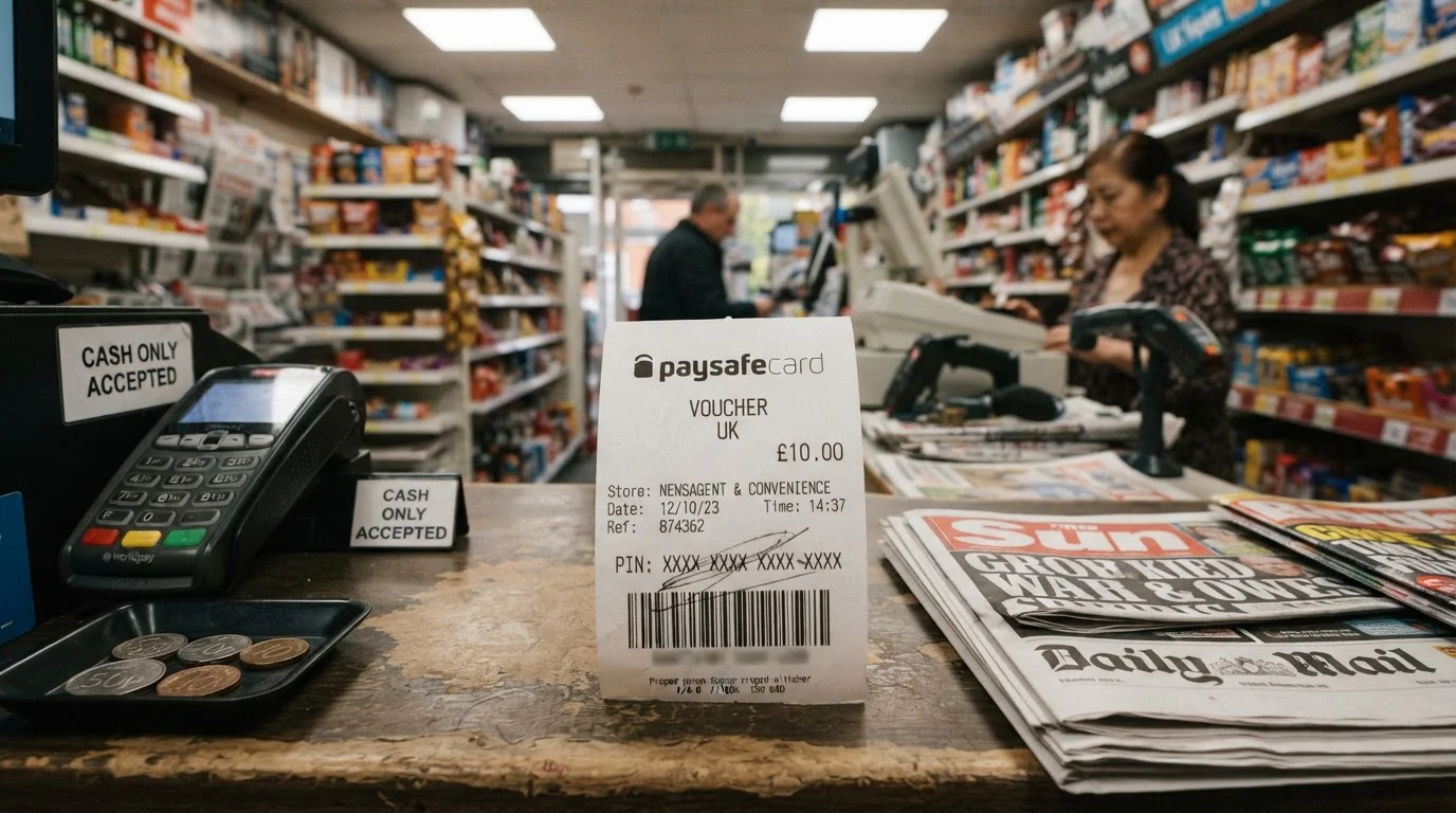 Paysafecard prepaid voucher receipt on retail counter with partially obscured PIN