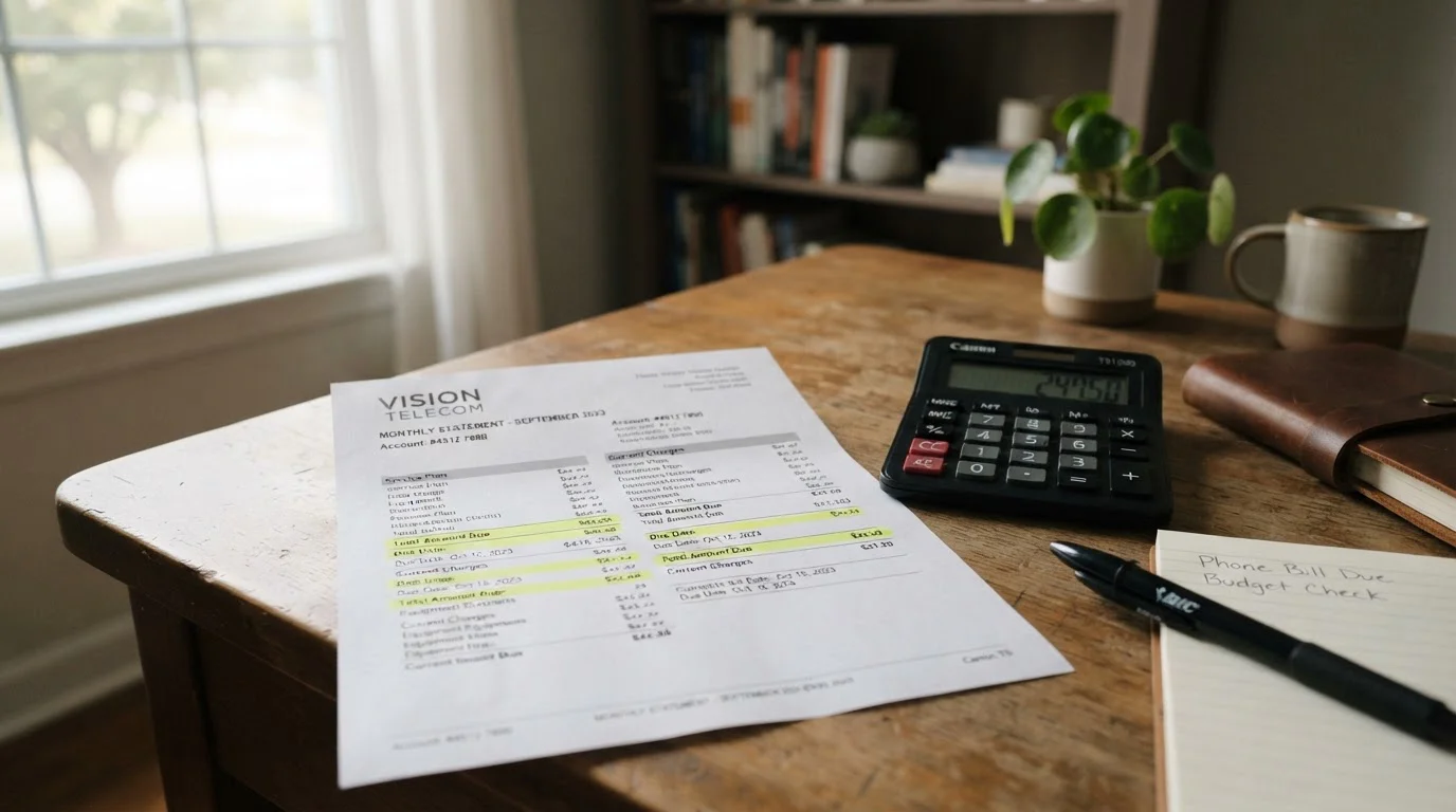 Monthly phone bill document with highlighted payment entries on desk with calculator