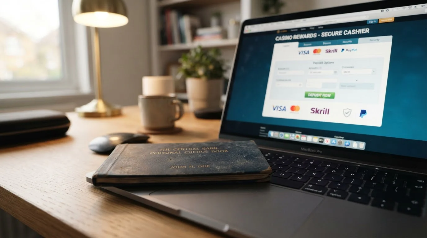 Physical cheque book next to laptop showing online casino cashier page