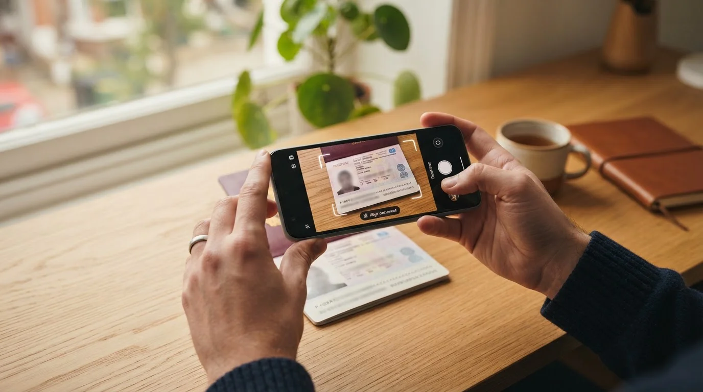 Person uploading verification documents via smartphone camera