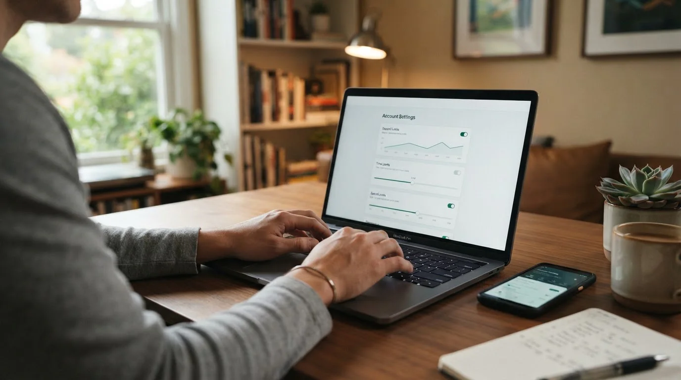Person typing on laptop with smartphone showing account settings and deposit limit controls
