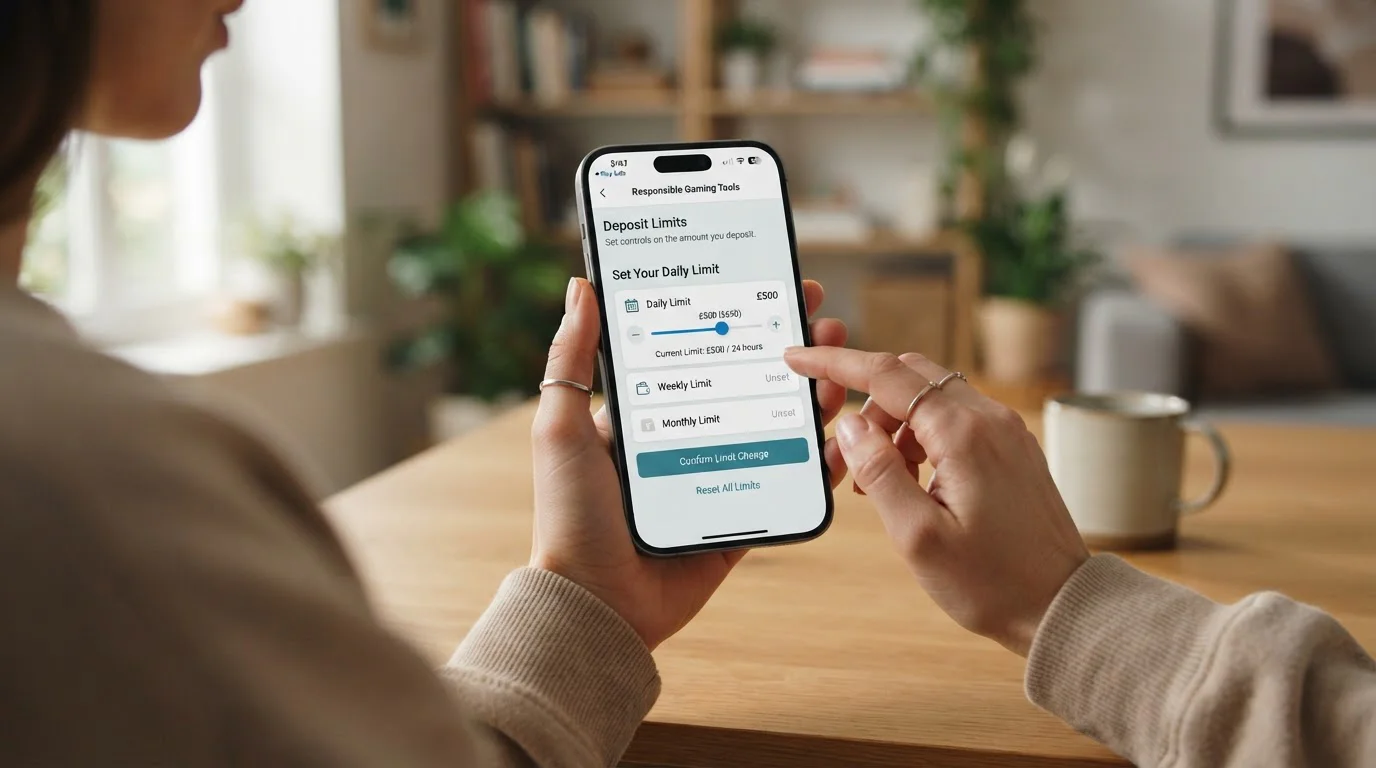 Person using smartphone with responsible gambling tools interface showing deposit limits