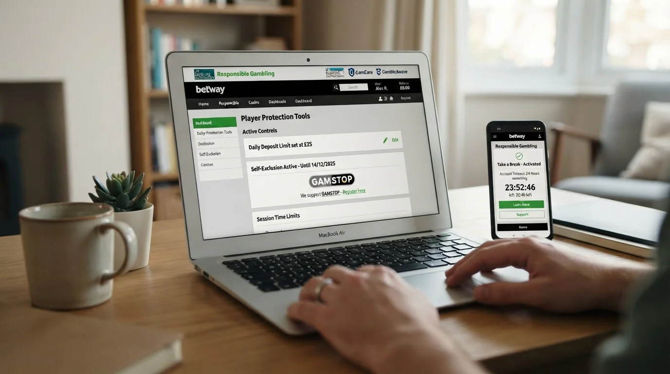 Laptop and phone showing GAMSTOP self-exclusion, deposit-limit and time-out controls
