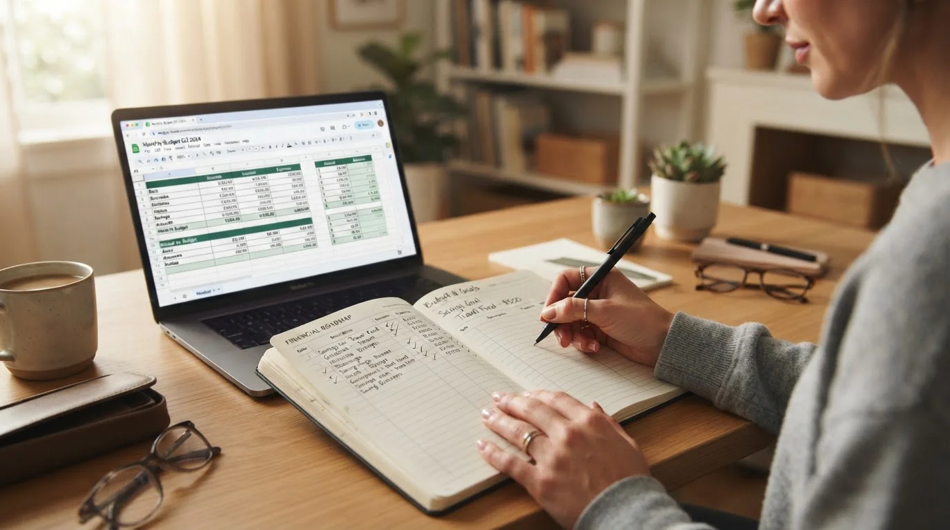 Person writing in financial planning notebook with laptop showing budget spreadsheet
