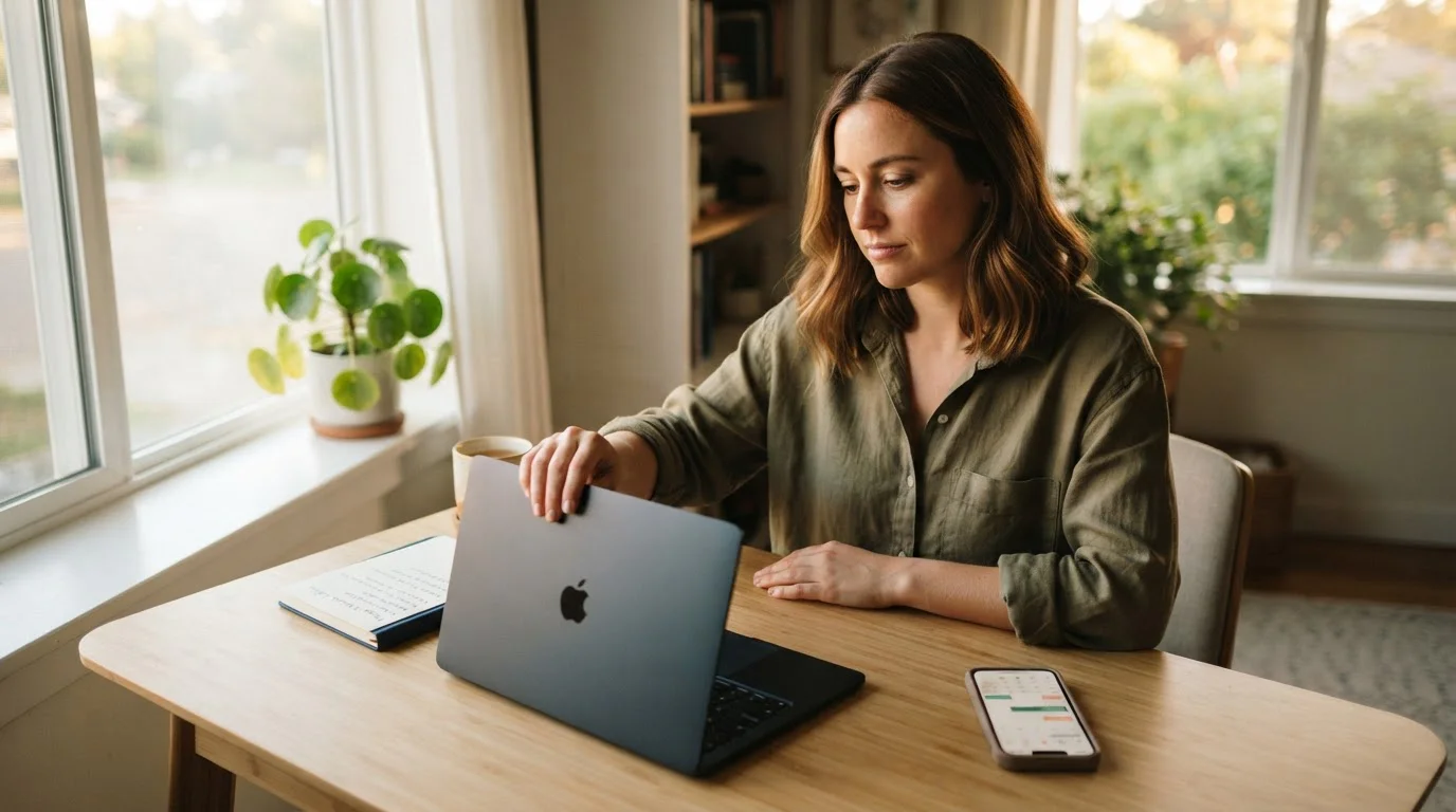 Person closing laptop with notebook showing limits and calendar app with marked dates
