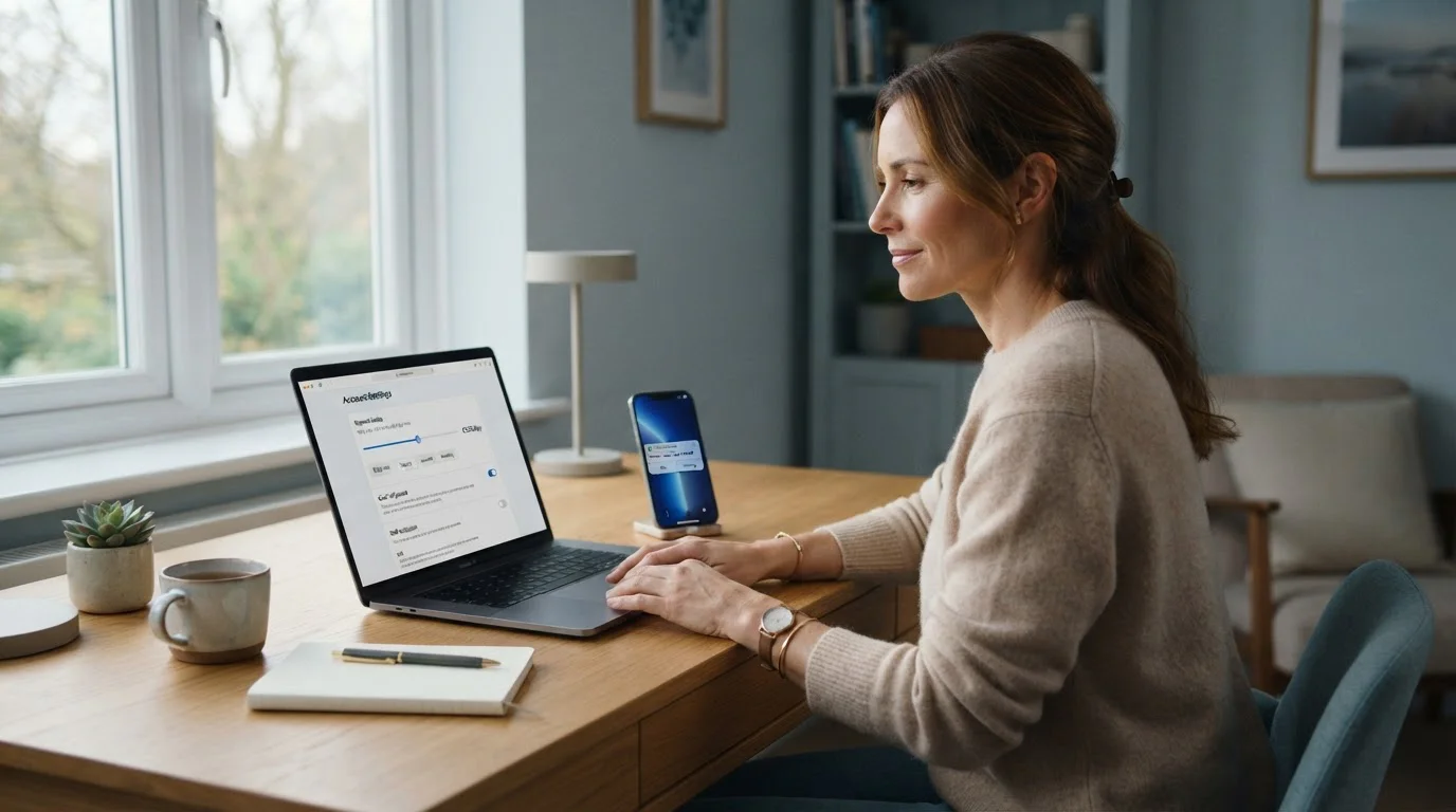 Calm person at desk reviewing deposit limits and account controls