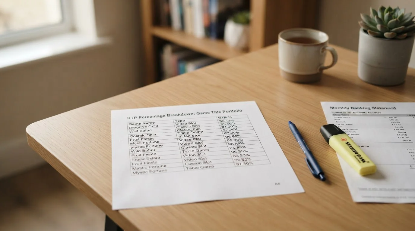 Clean document showing RTP percentage breakdown and payout calculation on desk