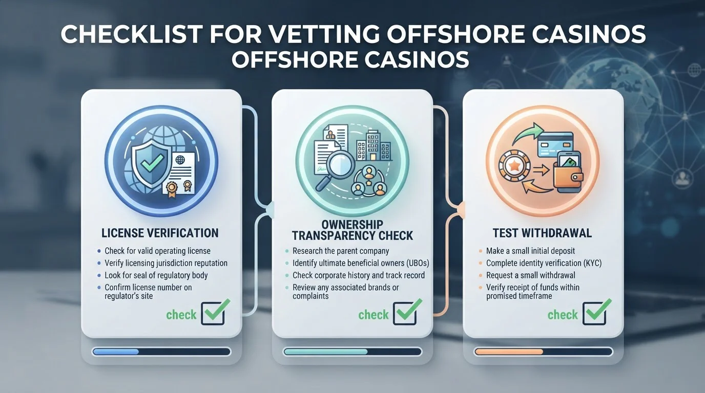 Checklist with license verification, ownership transparency, and test withdrawal steps