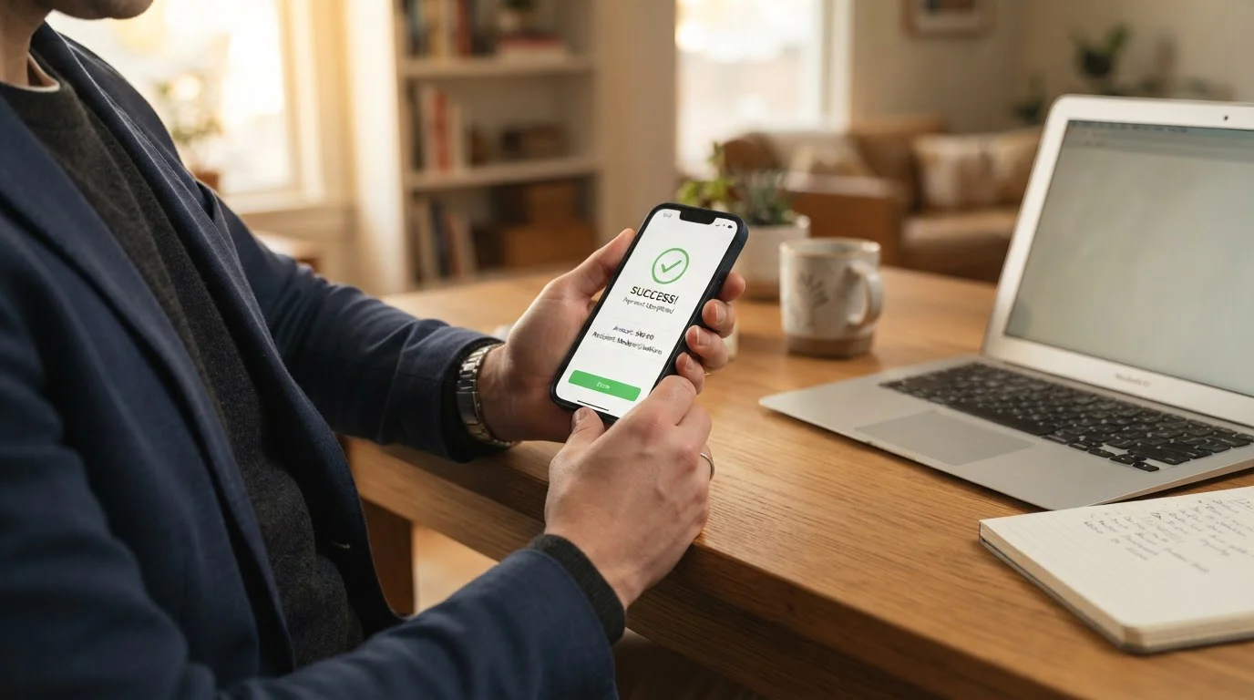 Person holding smartphone with e-wallet transaction confirmation screen