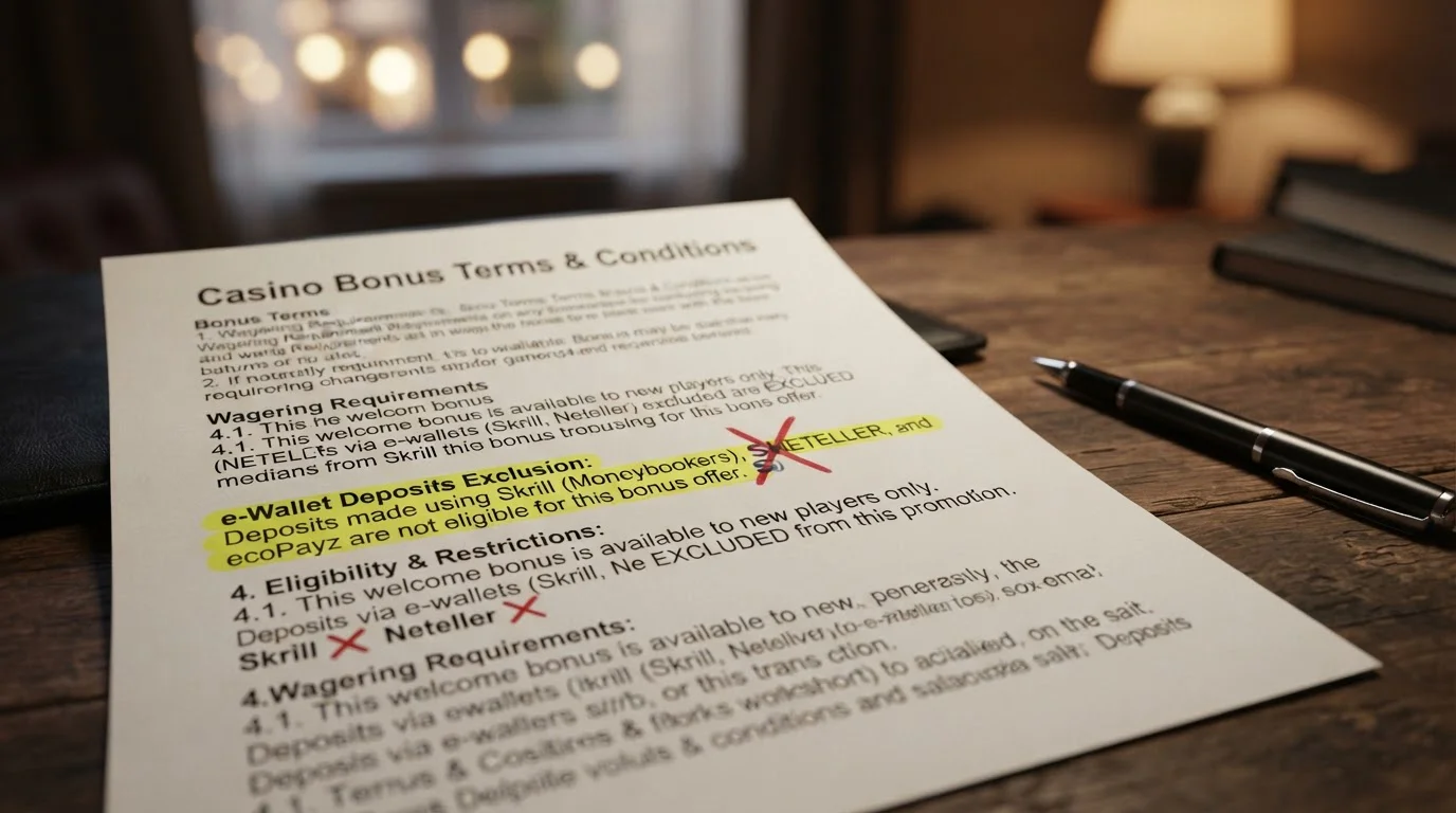 Casino bonus terms document highlighted with e-wallet exclusion clause and Skrill logo crossed out