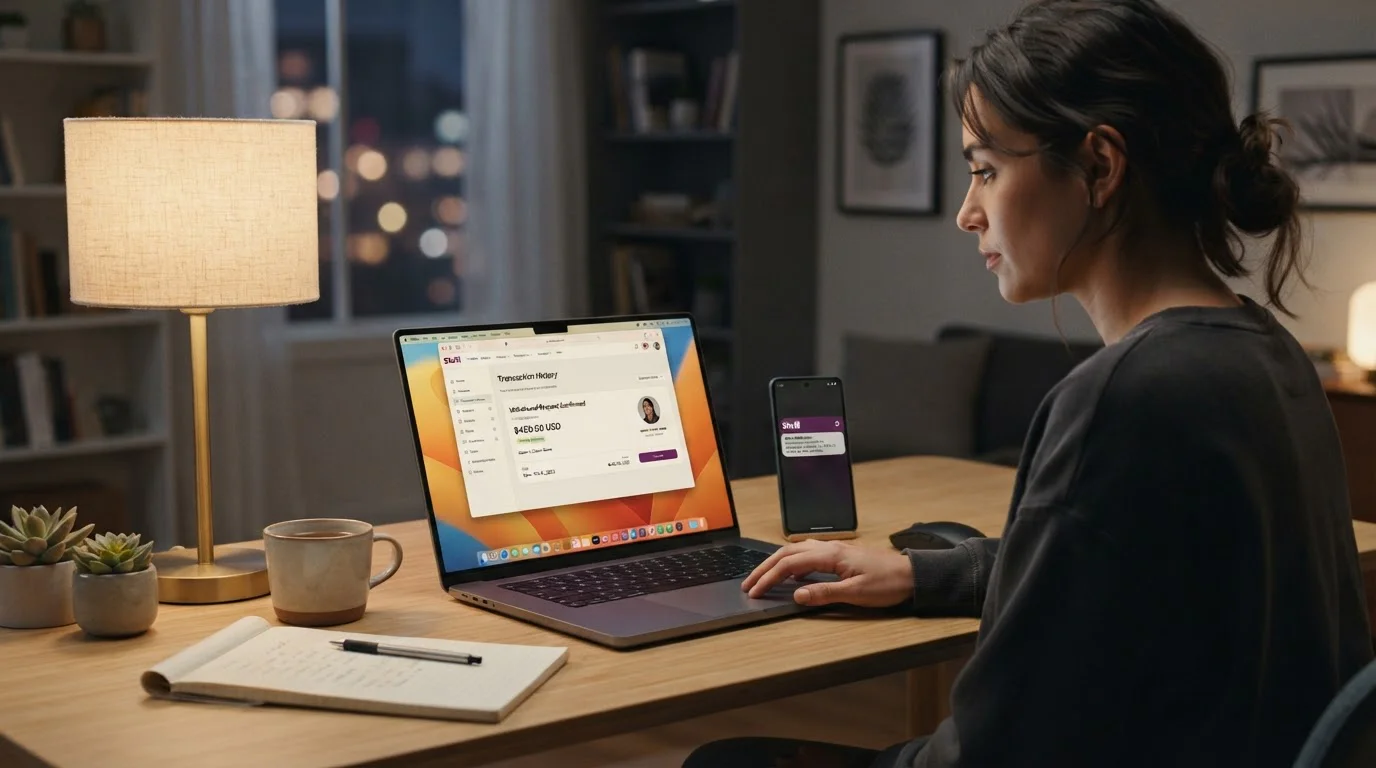 Person reviewing casino withdrawal details on laptop with Skrill confirmation notification on smartphone