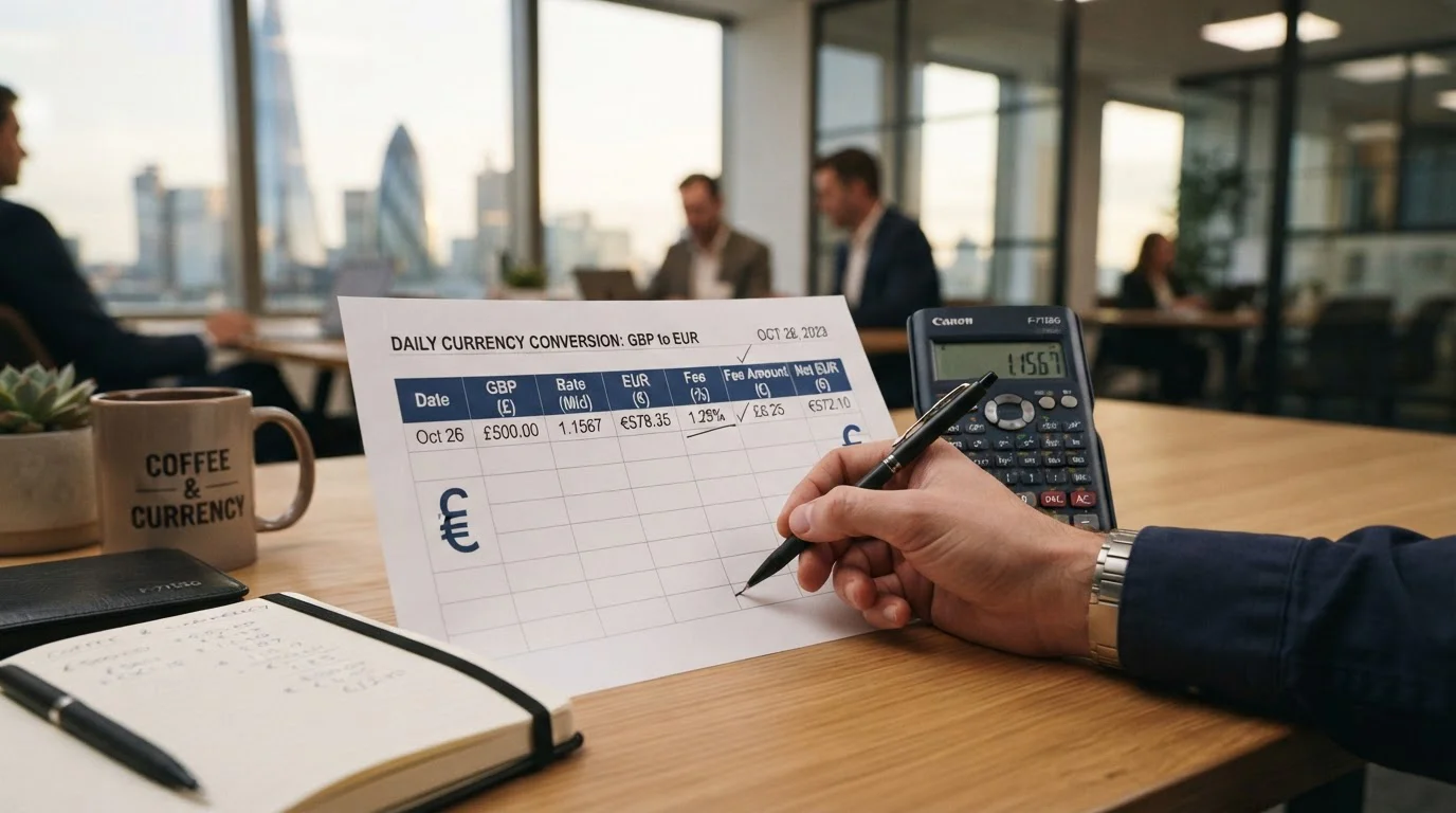 Currency conversion chart showing GBP to EUR fees with calculator and sterling pound symbol