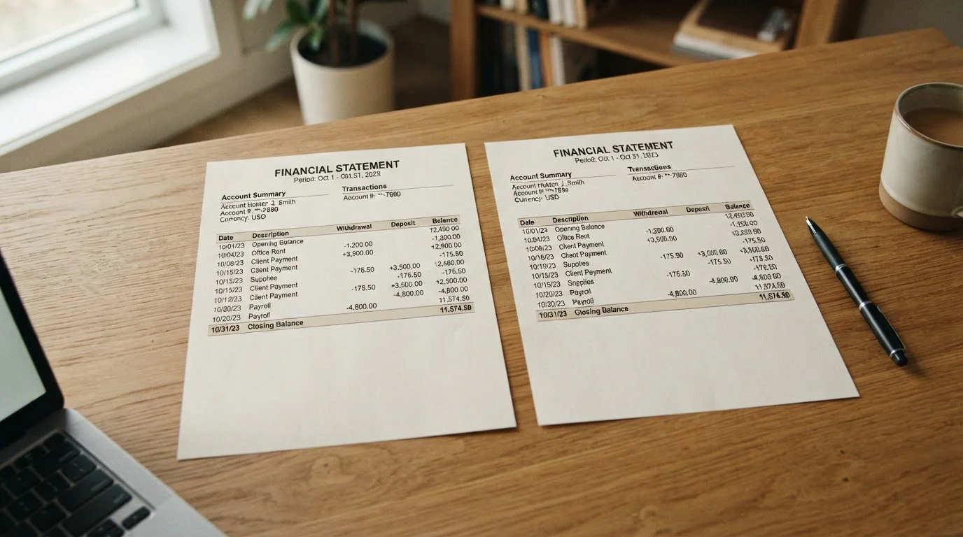 Two near-identical account statements side by side on a wooden desk under soft daylight