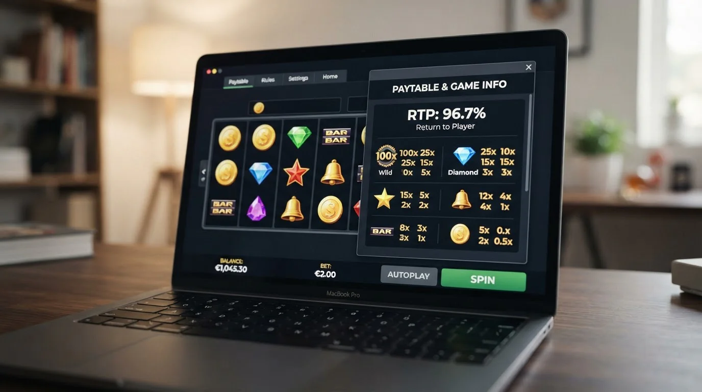 Clean display of slot game interface showing paytable and RTP information panel