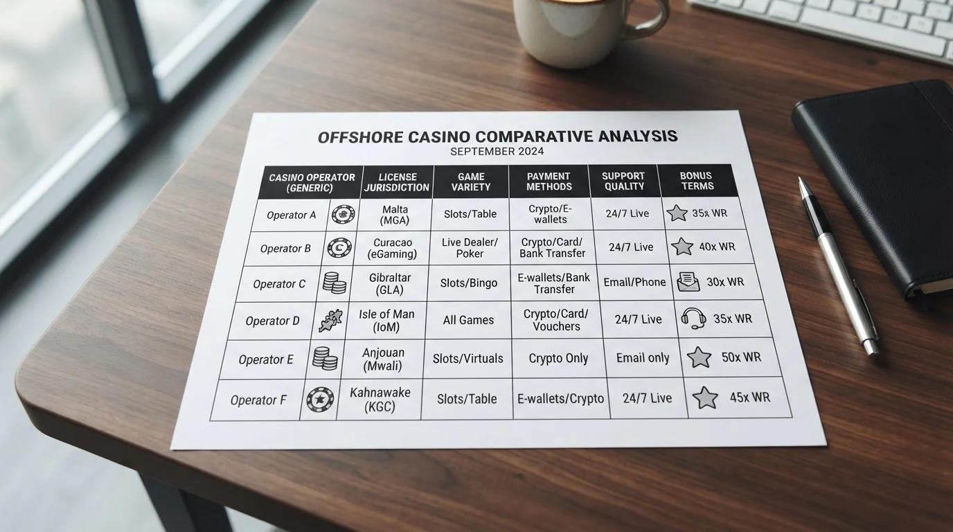 Comparison table with six offshore casino logos and license badges