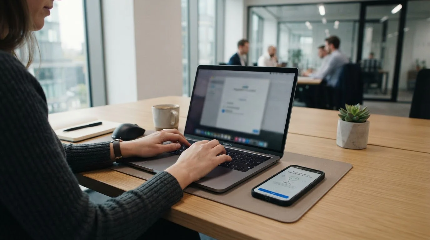 Person at desk setting up a new payment account on smartphone and laptop