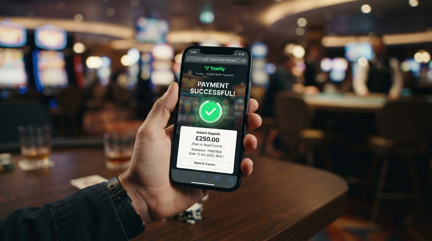 Mobile phone showing Trustly payment confirmation screen with instant deposit notification
