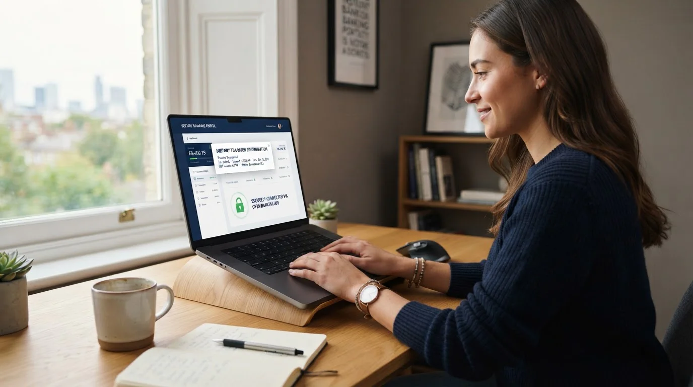 Laptop displaying open banking interface with secure bank login screen