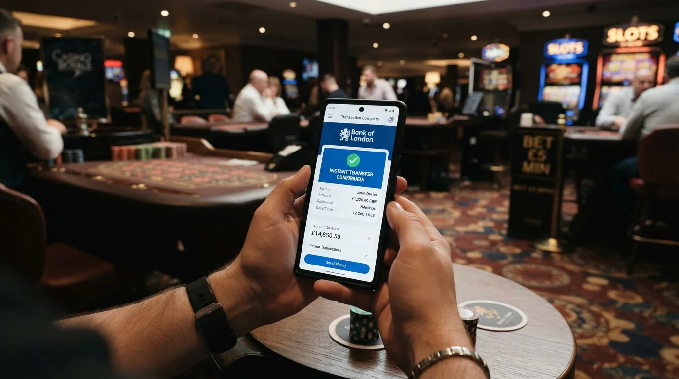 Clean banking app interface showing instant transfer confirmation with UK casino logo