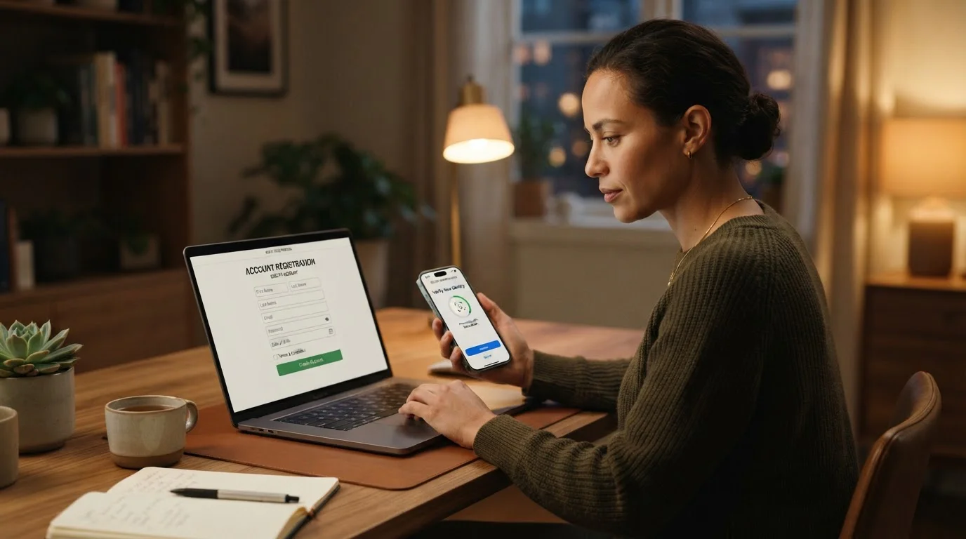 Person using laptop and smartphone for Trustly Pay N Play casino registration