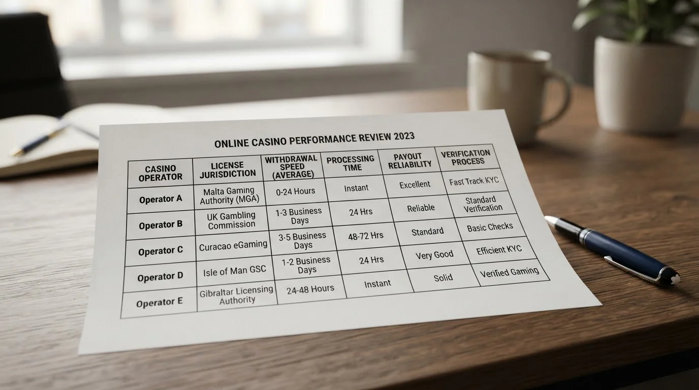 Comparison table displaying UK casino withdrawal speeds and licensing information