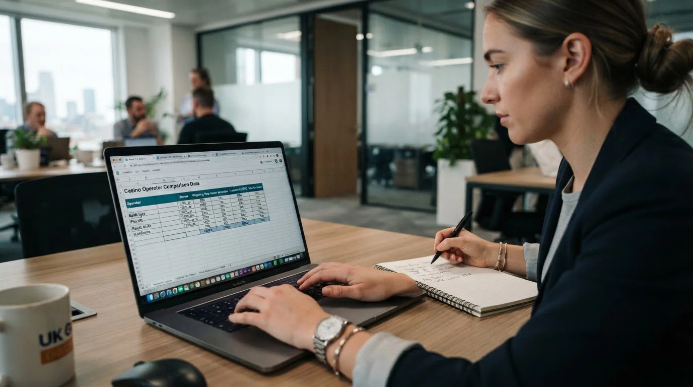 Person at laptop reviewing casino bonus comparison document