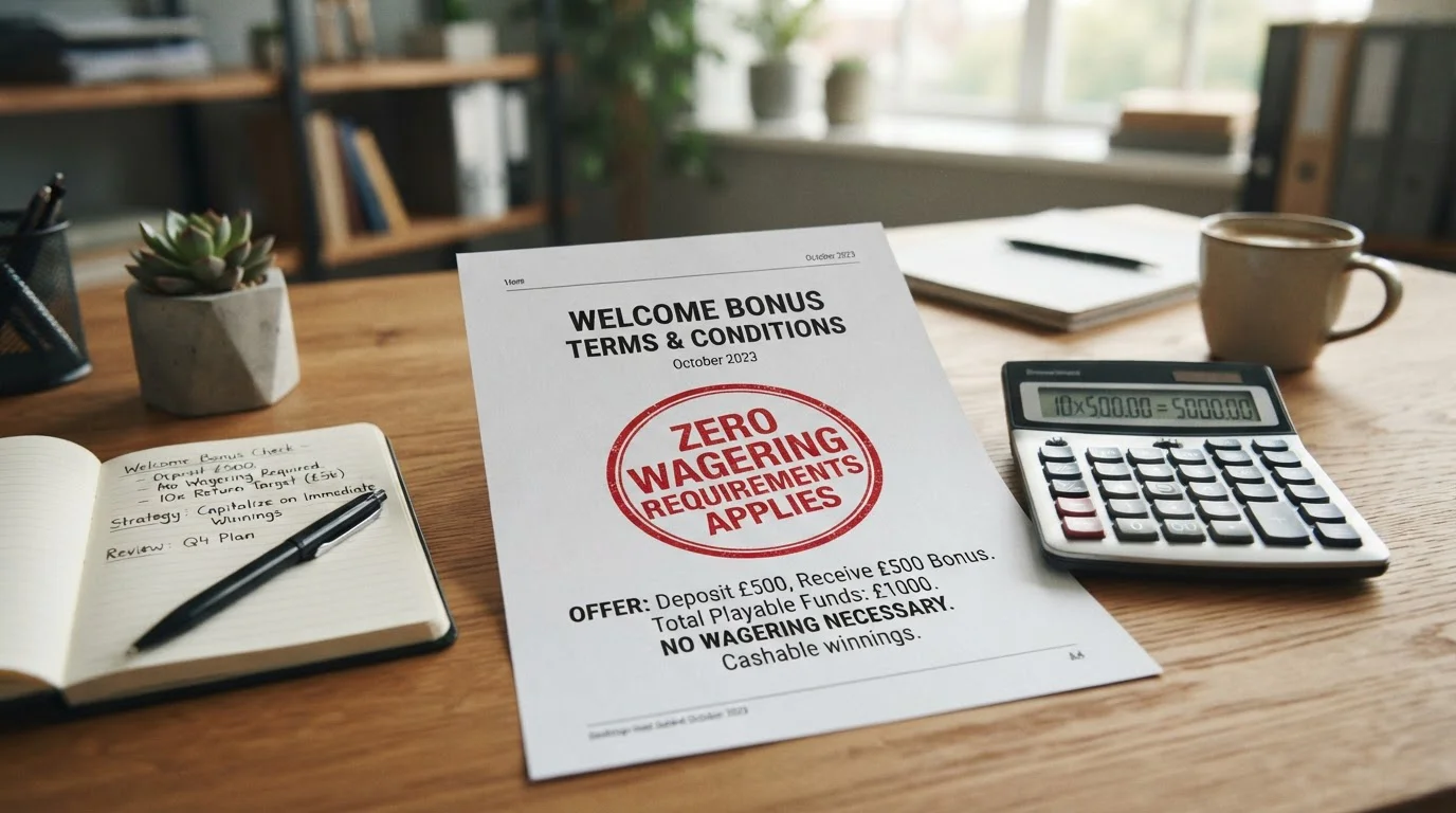 Welcome bonus document with calculator showing 10x wagering requirement and zero wagering badge