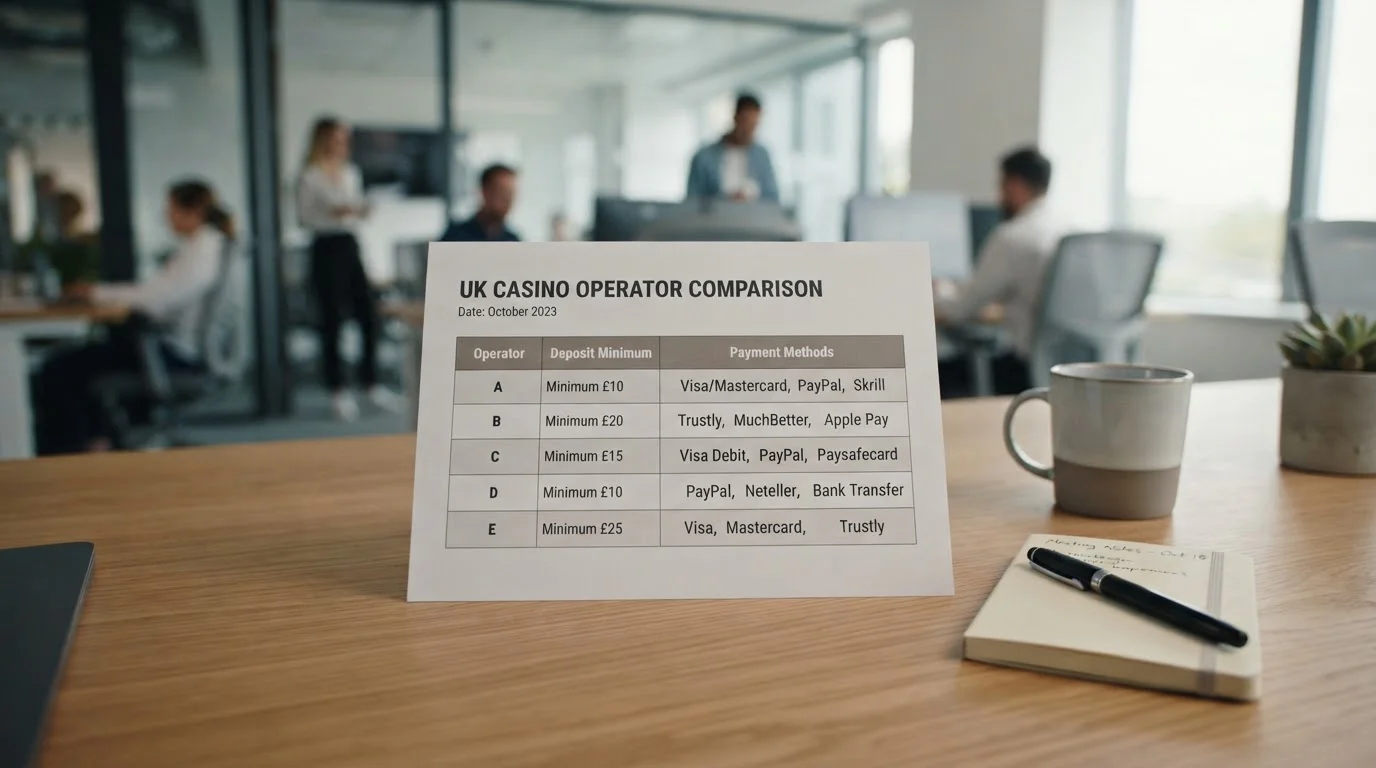 Comparison table of UK casino minimum deposits displayed on laptop screen