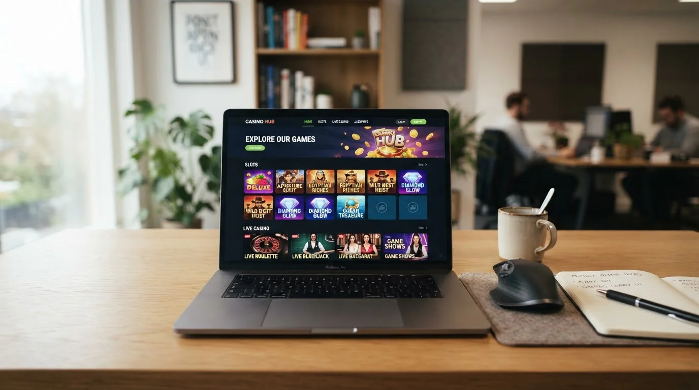 Casino game library interface showing slots and live casino access