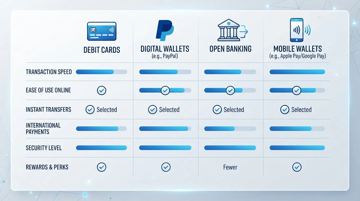Comparison chart of UK casino payment methods showing speed and fees