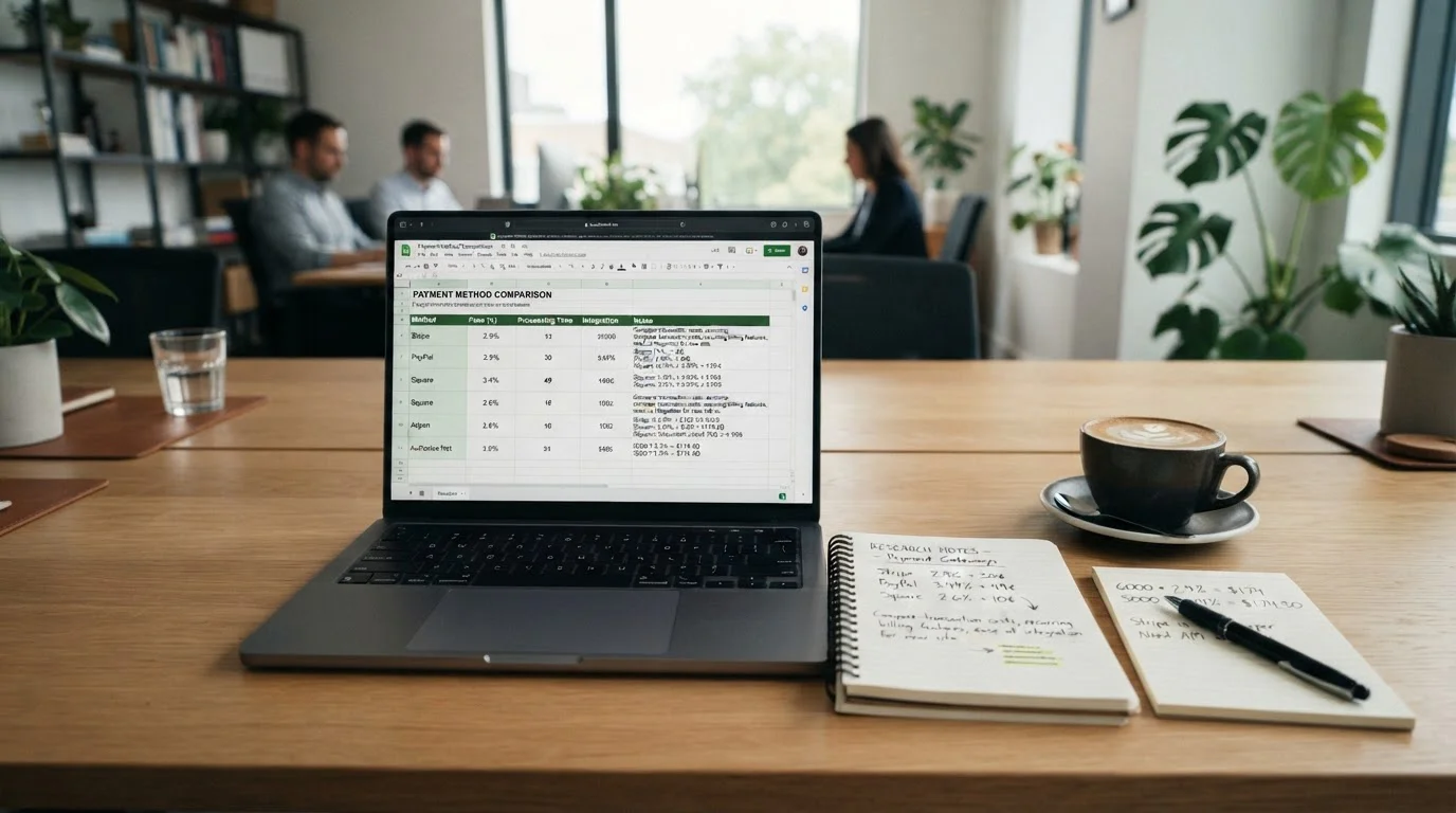 Comparison spreadsheet showing payment method attributes on laptop with notepad