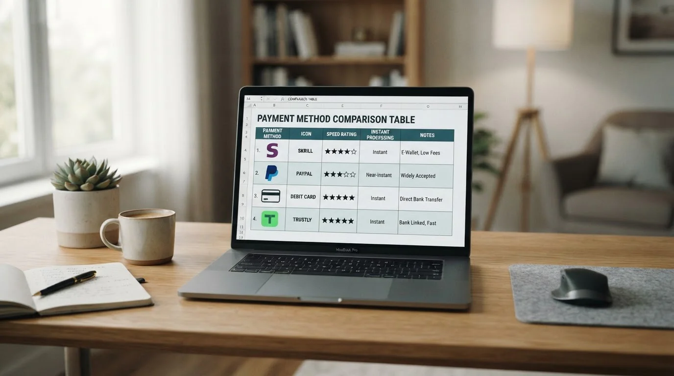 Comparison chart showing payment method icons for Skrill, PayPal, debit cards, and Trustly with speed ratings