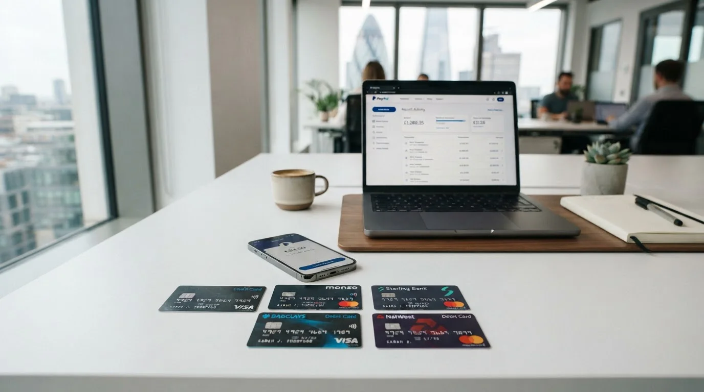 Debit cards, mobile phone and PayPal interface showing deposit options