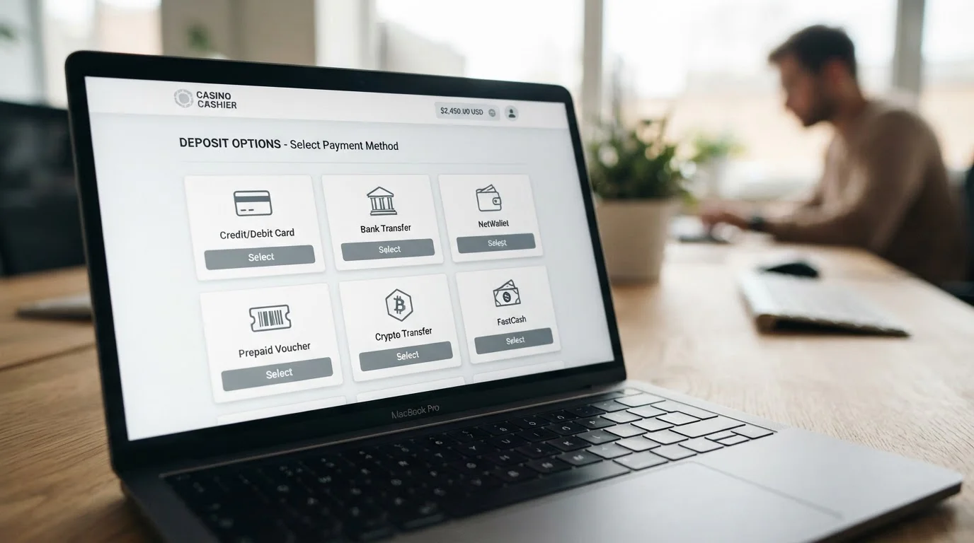 Modern casino cashier page displaying multiple payment method icons