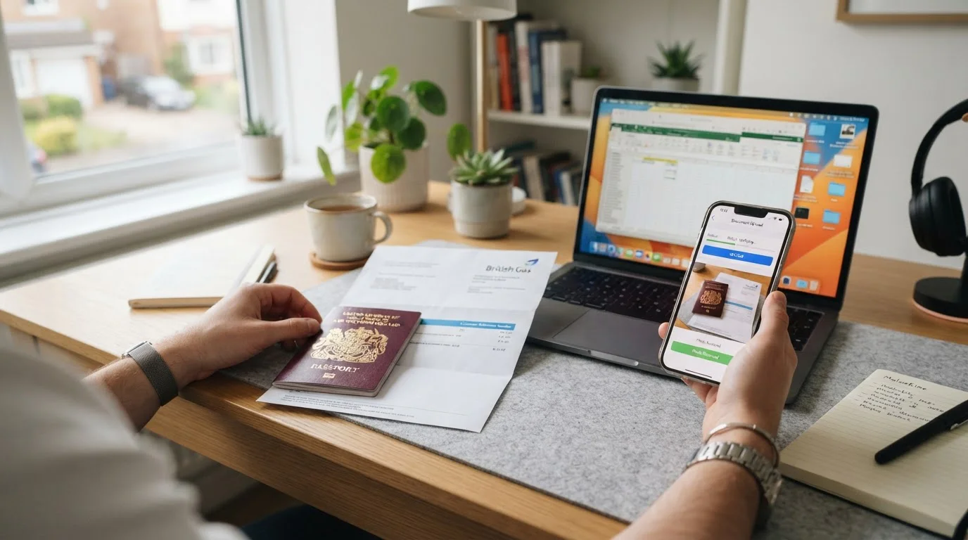UK casino player uploading verification documents at registration on laptop
