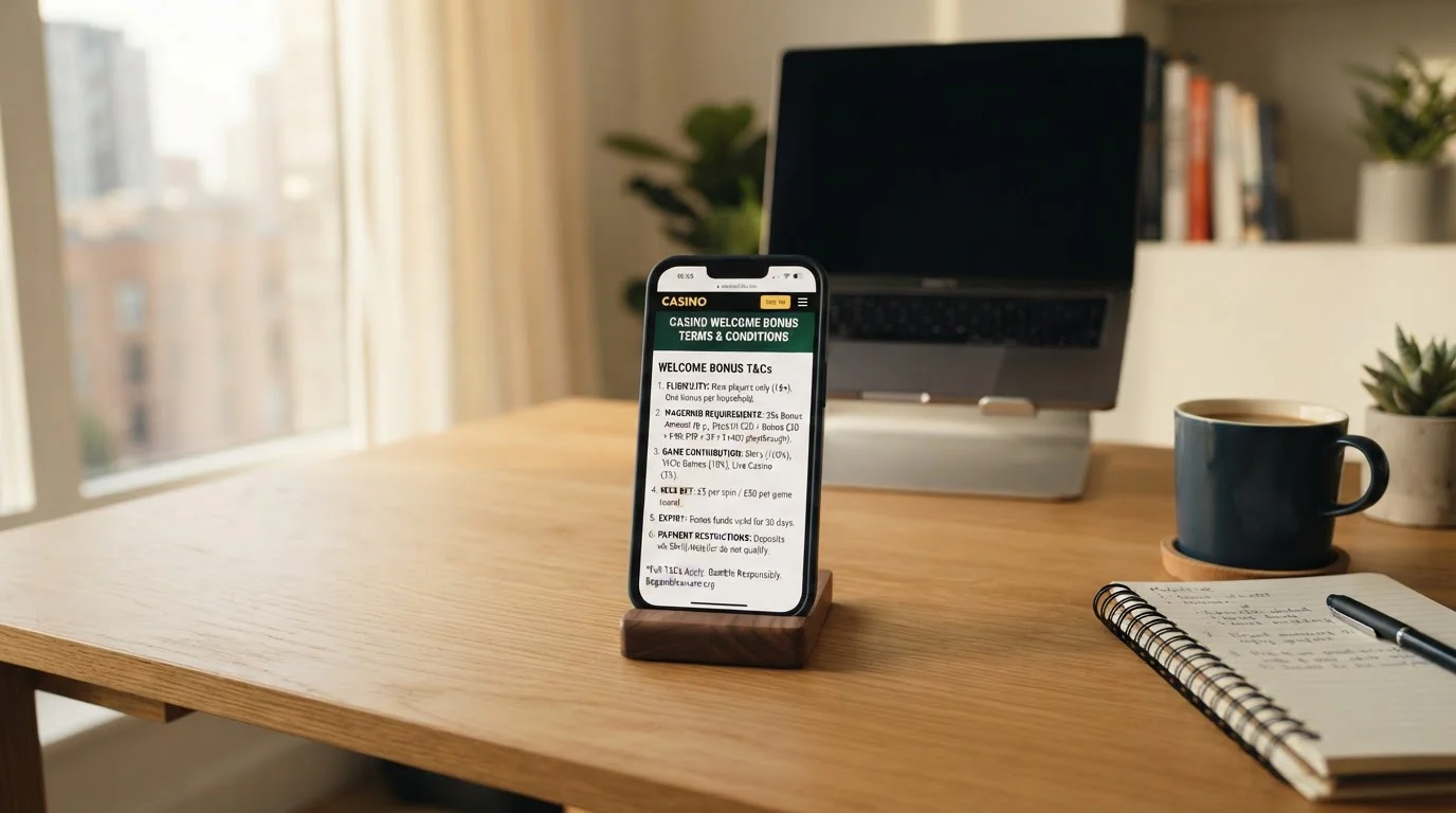 Mobile screen showing casino welcome bonus terms and deposit thresholds