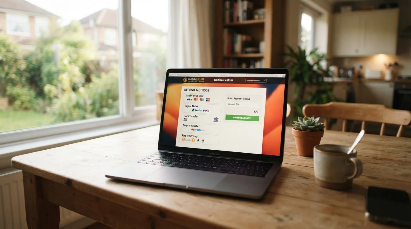 Laptop on a kitchen table showing a plain cashier page with payment options listed