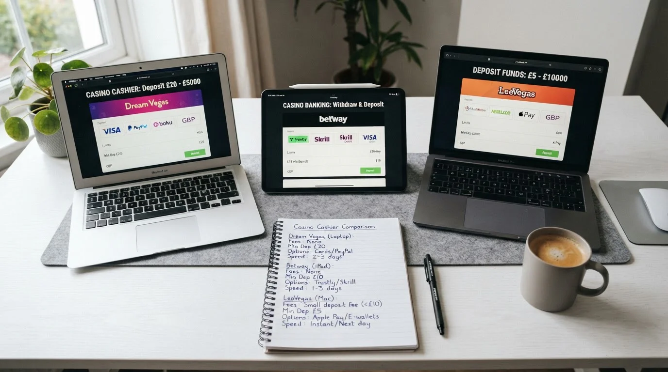 Comparison of UK casino cashier pages showing bank transfer payment options